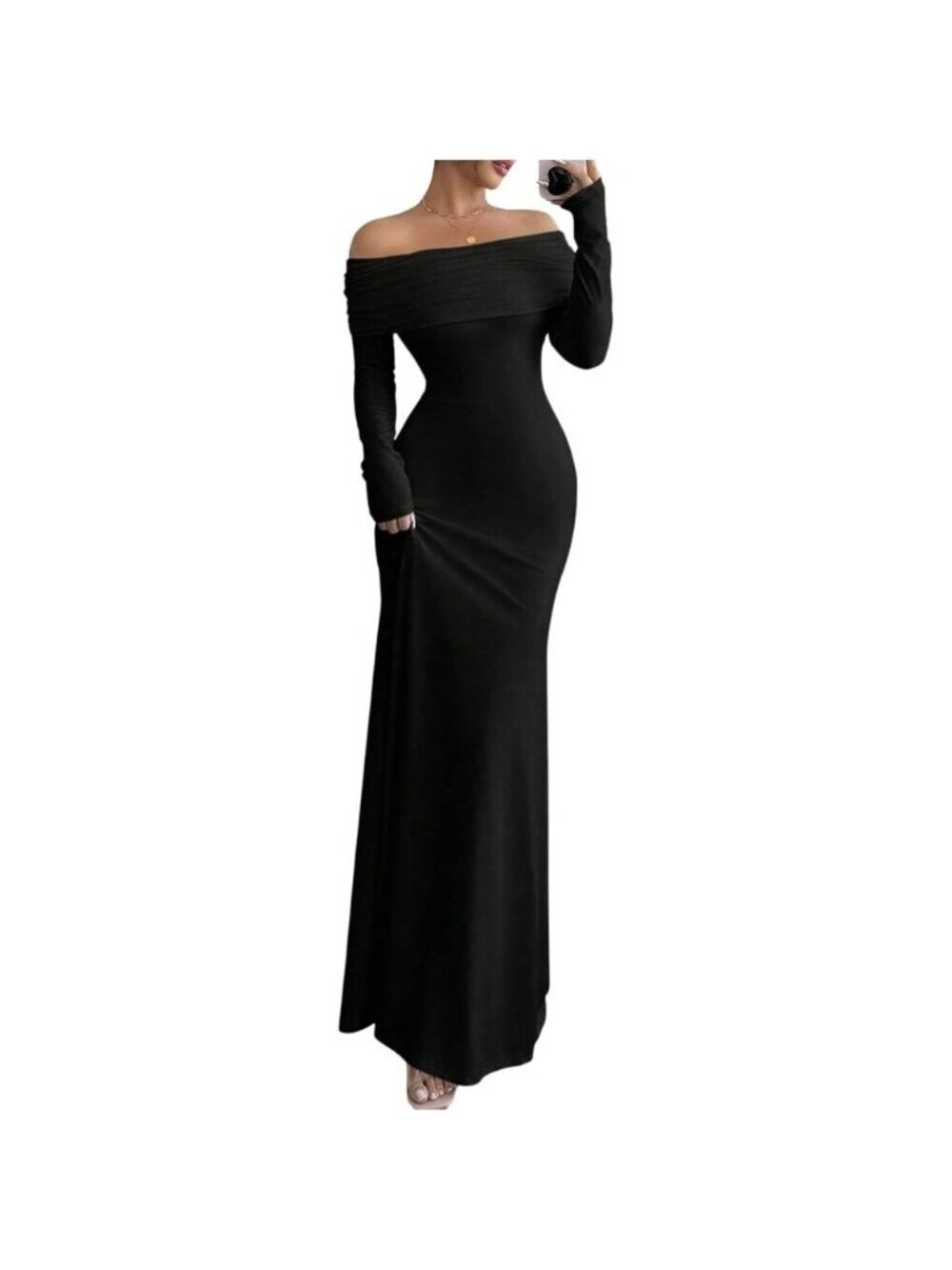 Women's Black Long Sleeve Off The Shoulder Bodycon Dress Elegant Maxi Dress